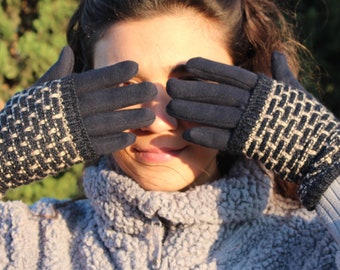 Guantes de invierno azul marino, guantes de pantalla táctil de algodón para las mujeres, regalos de Navidad de Fleece, guantes de punto, guantes sin dedos, guantes calentadores de lana