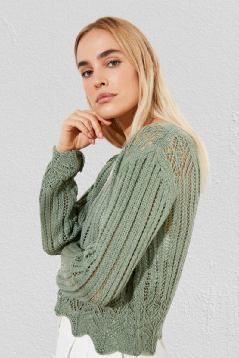 Green Long Sleeves Sweater, Lightweight Open Weave , Summer Loose Knit ...