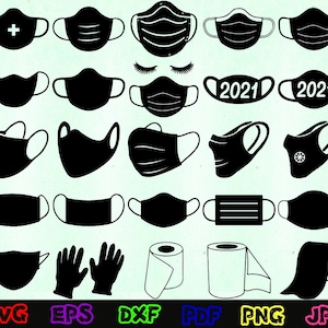 May include: A set of 20 black and white SVG cut files featuring various styles of face masks, including pleated, surgical, and cloth masks. The set also includes images of a pair of gloves, toilet paper rolls, and the text "2021".