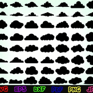 May include: A set of 40 black cloud silhouette illustrations. The clouds are in various shapes and sizes, perfect for crafting projects, digital design, or scrapbooking.