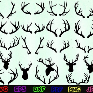 May include: A set of 20 black silhouette images of deer antlers. The antlers are in various shapes and sizes, some with a full head of antlers and some with just the points. The images are perfect for crafting projects, scrapbooking, or digital design.
