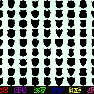 Puede incluir: Un conjunto de 64 siluetas negras de escudos en varias formas y tamaños. Los escudos están dispuestos en una cuadrícula sobre un fondo azul claro. Las palabras "SVG", "EPS", "DXF", "PDF", "PNG" y "JPG" están escritas en texto de colores debajo de la cuadrícula.