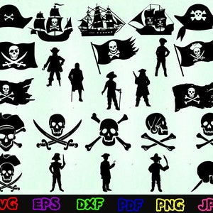 Puede incluir: Un conjunto de archivos digitales SVG, EPS, DXF, PDF, PNG y JPG en blanco y negro con temática pirata. Los archivos incluyen imágenes de un barco pirata, calavera y huesos cruzados, piratas y banderas.