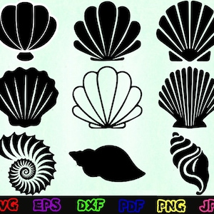 May include: A set of nine black and white silhouette images of seashells. The images include various types of seashells, such as clams, scallops, and conch shells.