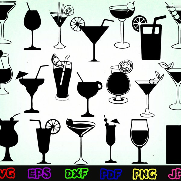 20 Cocktail Svg - Cocktail Party Svg - Cocktail Silhouette - Cocktail Clipart - Cocktail Design - Drink Svg - Tropical Drink Svg - Glass Svg