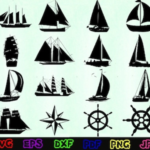 Peut inclure: Un ensemble de 12 images en silhouette noire et blanche de voiliers, une boussole et un gouvernail de navire. Les images sont parfaites pour les projets d'artisanat, le scrapbooking ou la conception numérique.