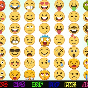 Puede incluir: Un conjunto de 48 iconos emoji amarillos con diferentes expresiones faciales, incluyendo feliz, triste, enojado, sorprendido y sacando la lengua. Los iconos están dispuestos en una cuadrícula en un fondo azul claro.