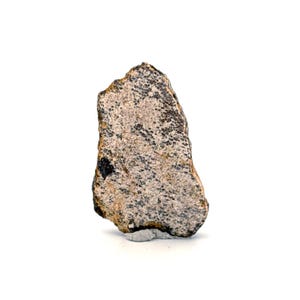 Peut inclure: Une pierre de forme irrégulière avec un motif tacheté de points noirs et gris sur un fond beige clair. La pierre présente une zone sombre, presque noire, sur un côté. L'objet est posé sur un fond blanc.