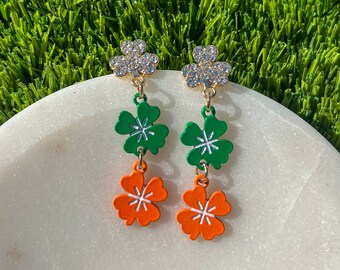 St. Patrick’s Day 4 Leaf Clover Trio Studded Dangle and Drop Earrings | Diamond, Green, and Orange Four Leaf Clover Saint Pattie’s Studs