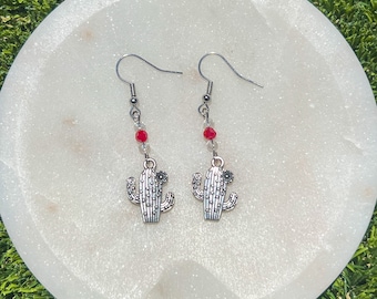 Boucles D'oreilles Pendantes + Broche Assortie Ninibah - Argent Sterling, Résine Désert Cactus, Vintage
