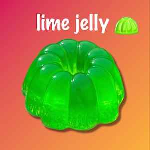 May include: A green lime jelly mould in the shape of a ring. The jelly is translucent and has a shiny surface.