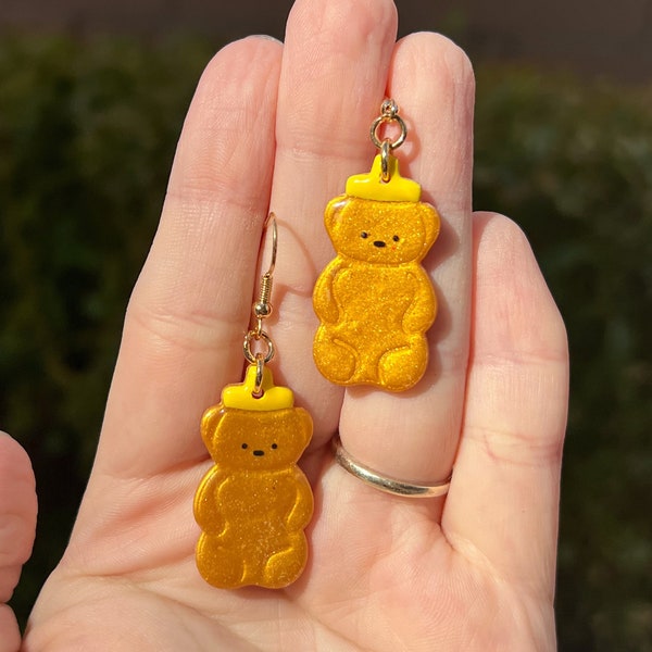 Shimmering Golden Honey Bear Bottle Earrings and Keychains with Yellow Tops | Glittery Polymer Clay Dangle and Drop Jewelry and Accessories