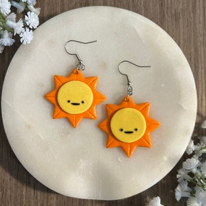 Kawaii Smiling Sun Polymer Clay Dangle and Drop Earrings | Cute Sun Jewelry