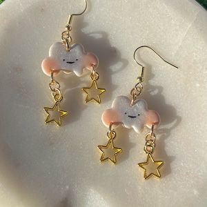 Smiling and Blushing Clouds with Gold or Silver Dangling Stars | Kawaii Polymer Clay Dangle and Drop Earrings | Celestial Jewelry