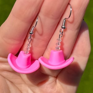 Barbie Pink Cowboy Hat Earrings with Clear Diamond Shaped Beads | Silicone Dangle and Drop Hat Silver Earrings | Cowgirl | Western Jewelry