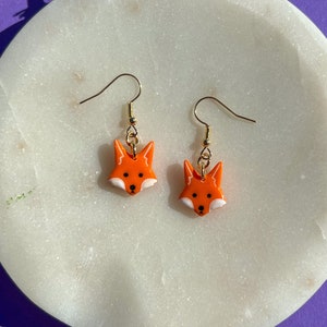 Dainty Glittery Orange and White Foxes Polymer Clay Dangle and Drop Earrings | Tiny Fox Animal Jewelry