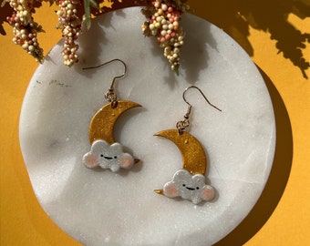 Blushing and Smiling Cloud Friend on a Gold Moon | Sparkly Polymer Clay Earrings and Keychains | Kawaii Celestial Jewelry