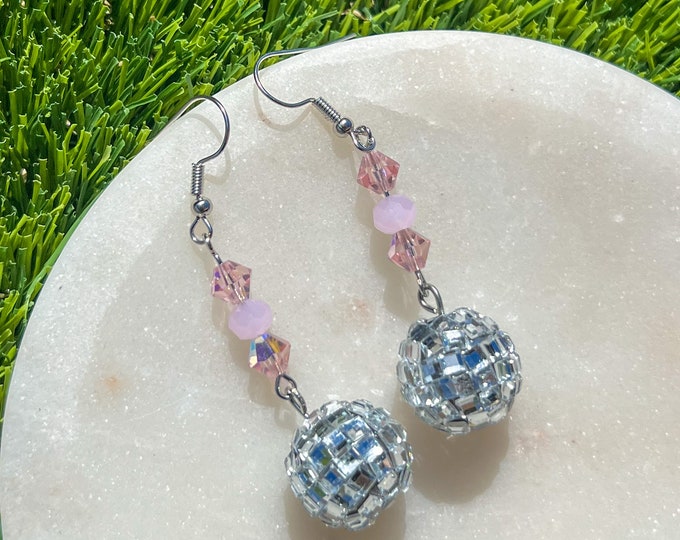 Silver Reflective Disco Ball Dangle and Drop Earrings with Baby Pink and Clear Pink Beads | Retro Gemstone Mirror Ball Jewelry | 80s 90s