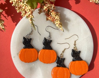 Glittery Black Cat Inside a Pumpkin Polymer Clay Halloween Dangle and Drop Earrings | Fall | Jack-o-lantern