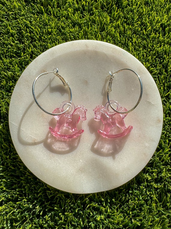 Pink Translucent Pony Silver Hoop Earrings Baby Pink Rocking Horse Charms on Hoop Jewelry Pink Pony Club Chappell Roan Inspired