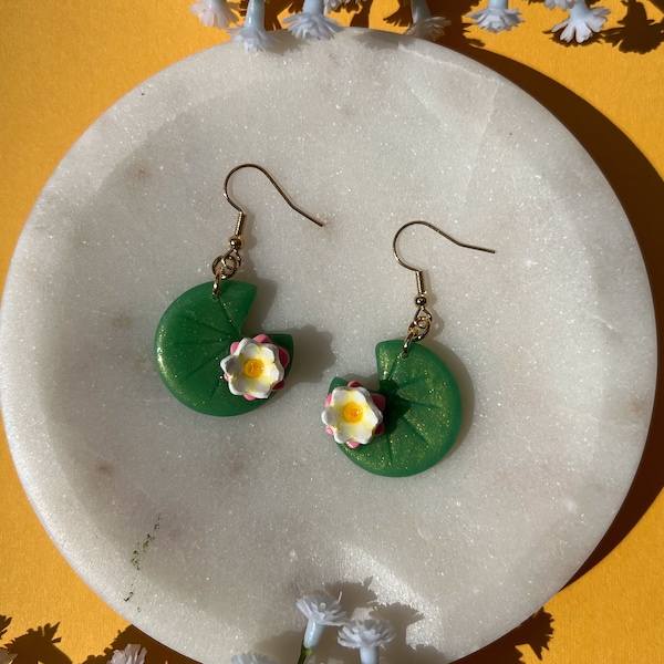 Shimmering Green Frog Lily Pad Dangle Earrings, Keychains, and Magnets | Polymer Clay Earrings | Gold Plated Jewelry | Clay Lily Pads