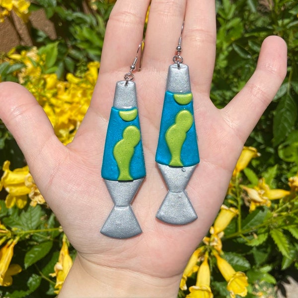 Large Glittery Blue and Green Lava Lamp Earrings | Polymer Clay Dangle and Drop Silver and Gold Lava Lamp Jewelry| Retro Earrings