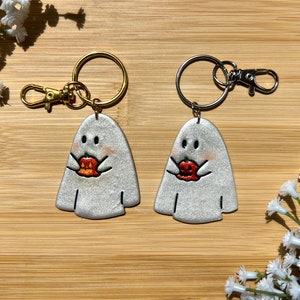 Blushing Sparkly Ghost Friend Holding a Jack-o-lantern Pumpkin | Polymer Clay Halloween Keychains | Fall Jewelry and Accessories