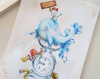 Hand-painted, individual illustration for the birth with all the important dates