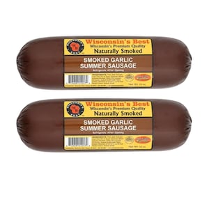 May include: Two smoked garlic summer sausage packages. Each sausage is brown with a yellow and brown label that reads "Wisconsin's Best" and "Naturally Smoked." The net weight is 12 oz.