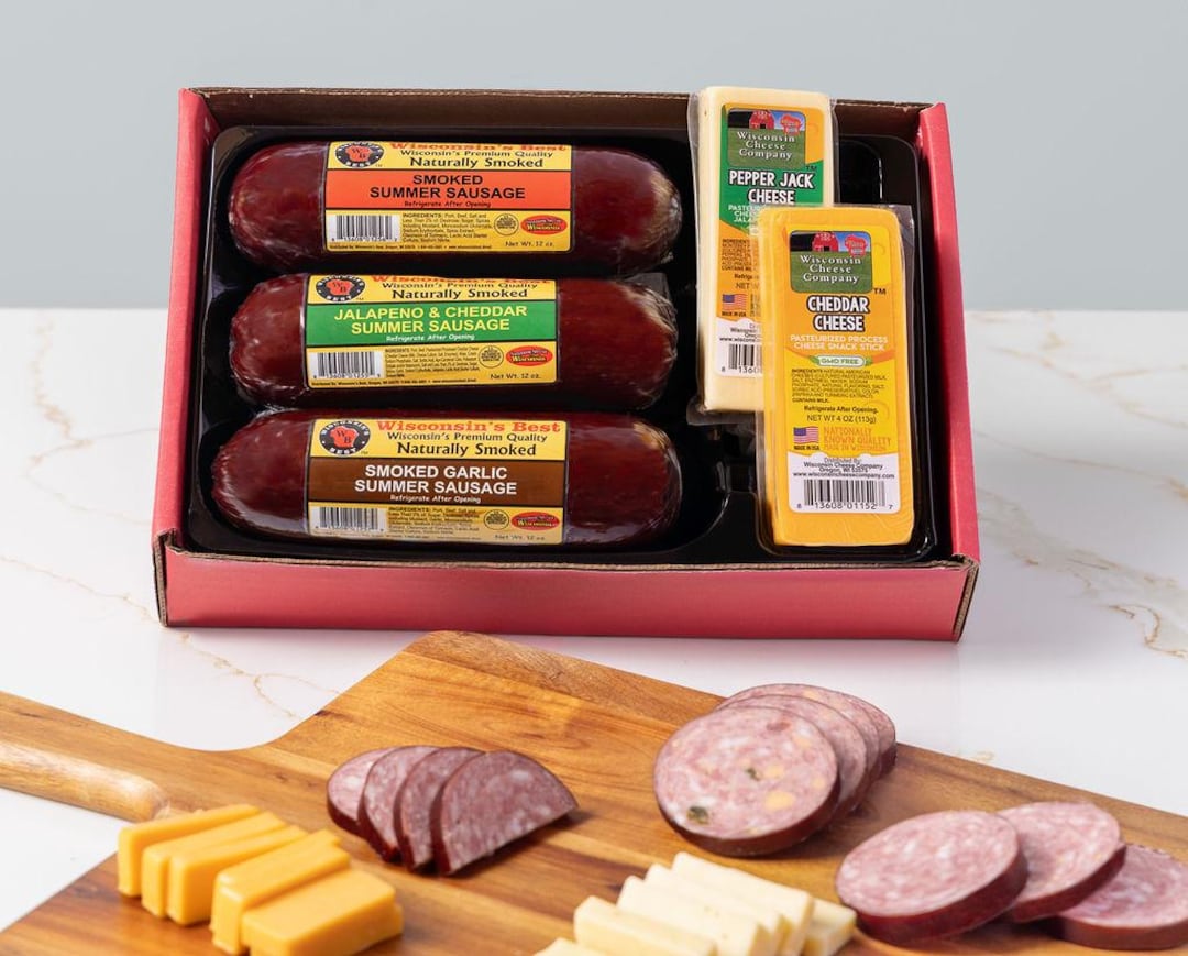 Wisconsin Cheese and Smoked Sausage Sampler Gift Box | Gourmet Meat ...