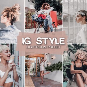 May include: A digital product for editing photos in Lightroom. The image shows a collage of different photos with a light and airy aesthetic. The text "IG Style Lightroom Preset" is displayed in the centre of the image.