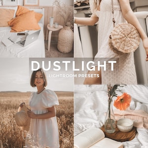 Puede incluir: Un collage con imágenes de estilo de vida con una paleta de colores cálidos y neutros. Las imágenes incluyen una escena de dormitorio con cojines naranjas, una mujer con un vestido blanco con un bolso tejido y una mujer en un campo. El texto dice "DUSTLIGHT LIGHTROOM PRESETS."