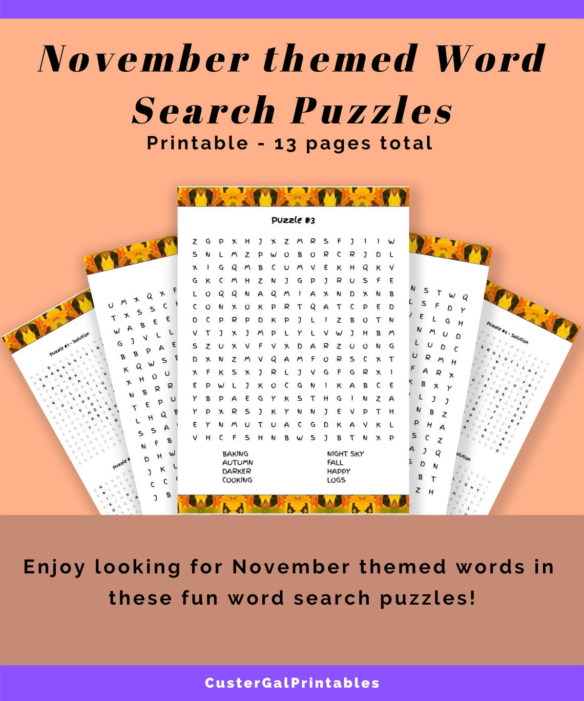 November Themed Word Search Puzzles Word Game Word Search Etsy