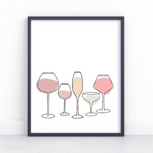 Wine Glass Art, Rosé All Day, Abstract Wine Glasses, Line Drawing, Minimal Art, Time for Wine, Instant Print, Digital Download
