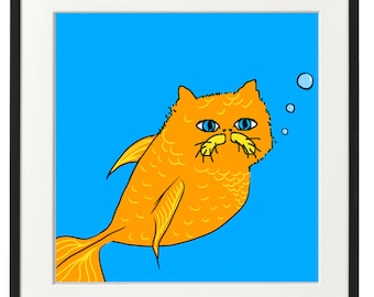 グレーキャットの金魚鉢アート：サイン入り額入りプリント、猫好きへの