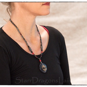 Fun Snowflake Obsidian, Coral, and Distressed Amulet Necklace ~ Handmade Original Gift for Her ~ Unique Beaded Present ~ Everyday Necklace