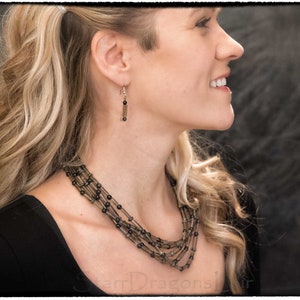 Onyx & Smoky Quartz 5-Strand Necklace/Earrings Set, Stainless Steel Earrings, Adjustable Length Statement Necklace, Handmade Jewelry Set