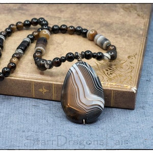 Stunning Banded Agate Pendant, Handmade Onyx and Agate Necklace, Original Beaded Necklace, Earth Tones, Organic, Girlfriend Gift