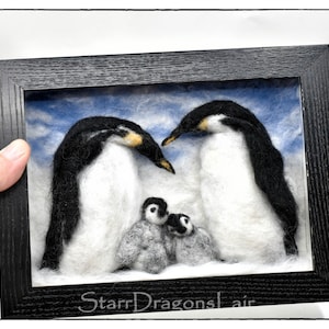 Felted 3D Penguin Family MADE TO ORDER ~ Custom Handmade Family Art ~ Framed Shadowbox Couple Art ~ Emperor Penguins Wall Art ~ Nature Art