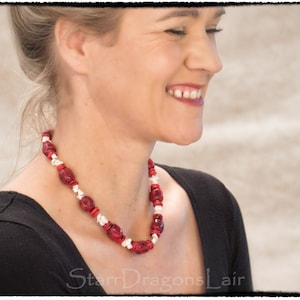 Red Handmade Coral Statement Necklace, Beaded, Original Organic Coral Necklace, Red and White Necklace, Gift for Her