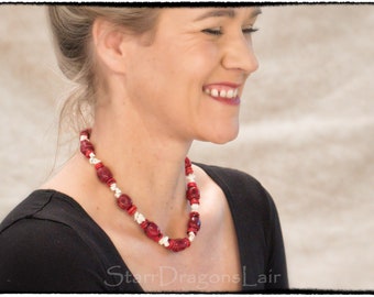 Red Handmade Coral Statement Necklace, Beaded, Original Organic Coral Necklace, Red and White Necklace, Gift for Her