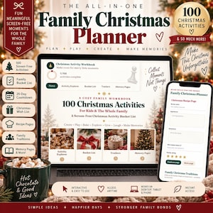 May include: A digital family Christmas planner displayed on a laptop and smartphone screen. The interface features a 100 Christmas activities workbook, recipe pages, and trackers. A dark green mug with the text Hot Chocolate and Good Ideas sits nearby.
