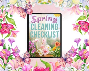 Könnte beinhalten: Ein digitales Tablet mit einer "Frühjahrsputz-Checkliste", umgeben von einem Aquarell-Blumenrand. Der Rand zeigt rosa, lila und weiße Lilien, Schmetterlinge und einen zartrosa Hintergrund.