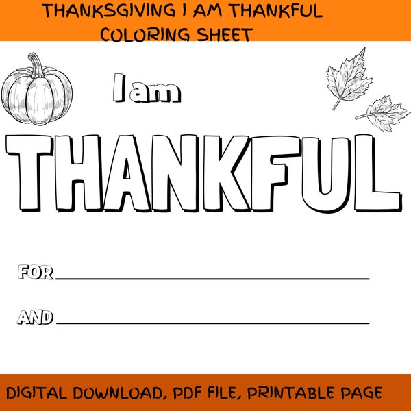 Thanksgiving Printable for Kids, I am Thankful for Printable, Instant Download, Thanksgiving Kids Activity, Thanksgiving Printable Games