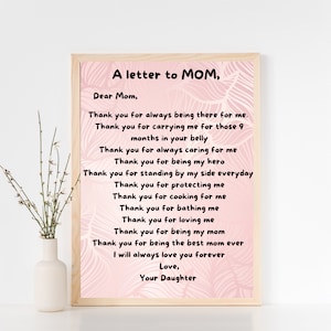 Regalo de niños para mamá, Una carta para mamá, una carta para mamá, Querida mamá imprimible, Imprimible para mamá, Regalo del Día de las Madres, Querida mamá, Descarga instantánea
