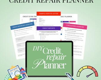 May include: A digital planner on a laptop screen with the text "DIY Credit repair Planner" in green, white, and black. The planner is surrounded by images related to credit repair, including a credit score meter, a credit report, and a sample dispute letter.