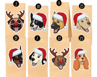 Adventskalender zum Befüllen Basteln Selbermachen DIY mit Papiertüten zum | Hunde | Weihnachtsdeko für Kinder Erwachsene