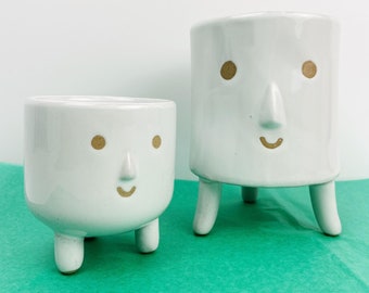 Planter Matching Set - Big and Little Smiley Face Planters with free watering can decoration