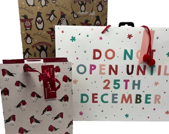 Christmas Festive Xmas Luxury Gift Bags Present Bags with Tag Kraft Penguins, Robins, Do not open until 25th December Ribbon Kids Children