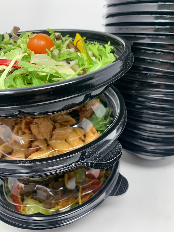 Black Plastic Salad Bowls Reusable Takeaway Container Bowl Clear Lids Food Meal Etsy UK